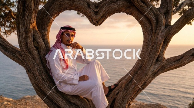 رجل سعودي في شجرة بشكل قلب يطل على البحر وقت الغروب