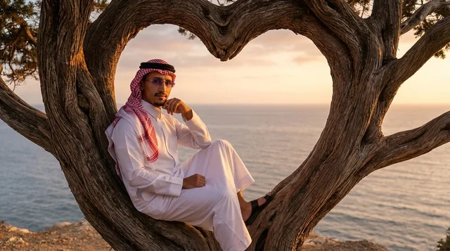 A Saudi man in a heart-shaped tree overlooking the sea at sunset.