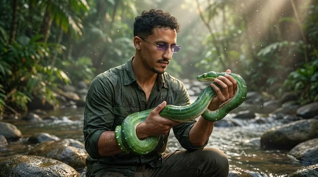 رجل يحمل ثعبان أخضر في غابة استوائية