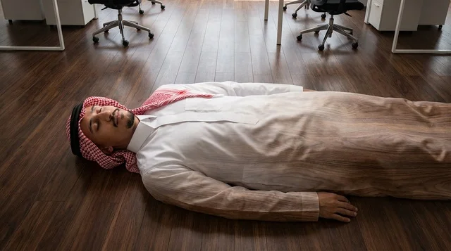 رجل أعمال سعودي يرتدي الثوب نائم على أرضية مكتب خشبية