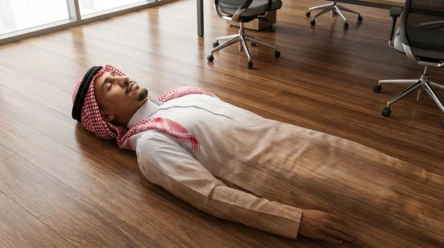 Exhausted Saudi Businessman Lying on Wooden Office Floor