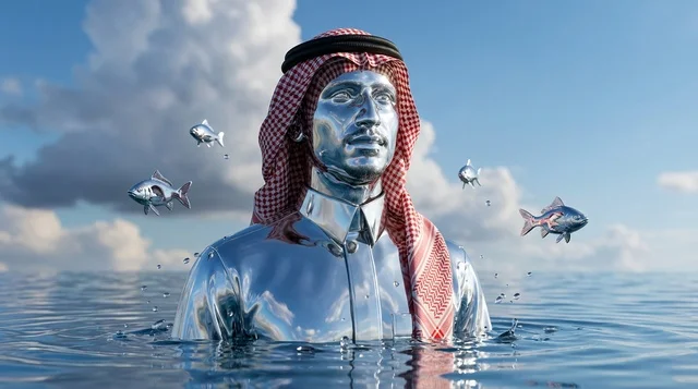 رجل معدني سريالي بالشماغ والعقال في البحر