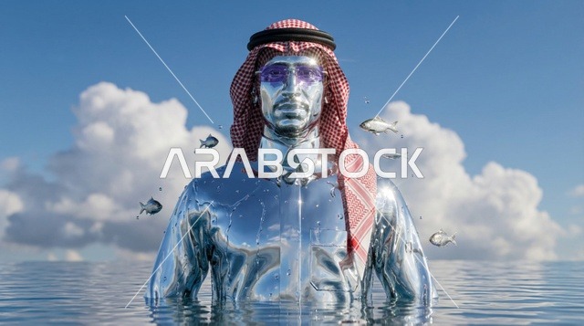 تمثال سريالي لرجل سعودي من الكروم السائل والأسماك