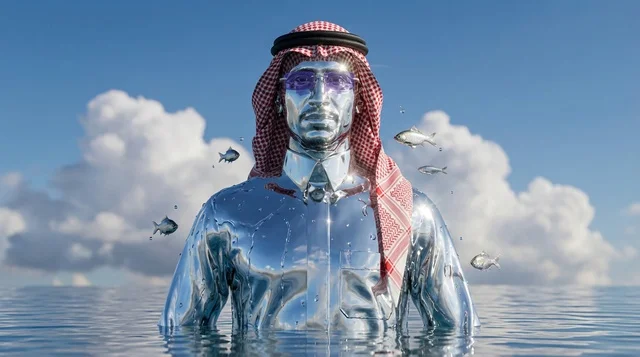 تمثال سريالي لرجل سعودي من الكروم السائل والأسماك