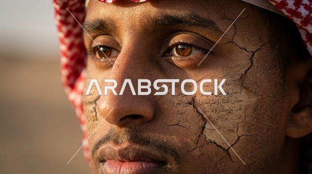 بورتريه رجل سعودي بالخط العربي وملمس بشرة مشققة
