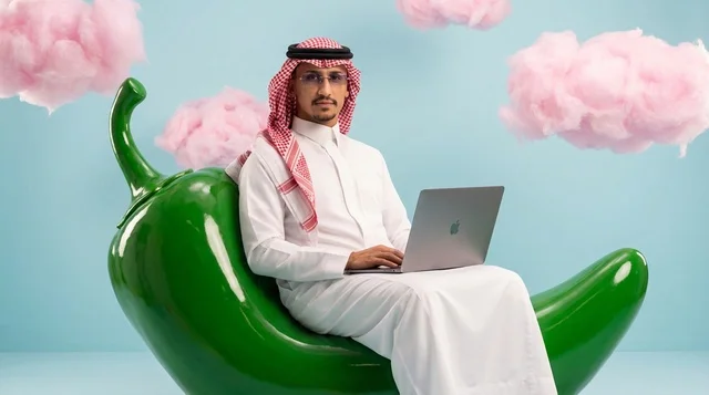 رجل سعودي على فلفل أخضر عملاق مع لابتوب