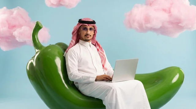 Saudi Man Using Laptop on Giant Green Pepper