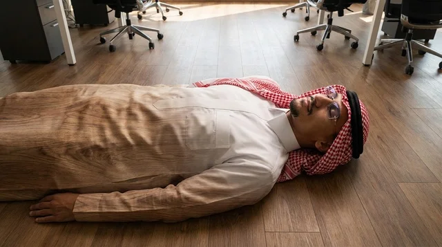 Exhausted Arab Man Lying on Modern Office Floor