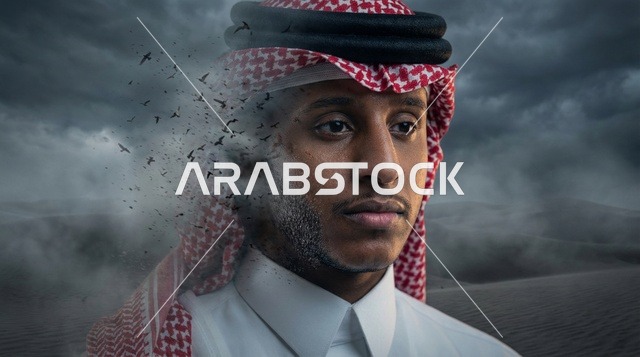 رجل سعودي مع تأثير تشتت رقمي سريالي
