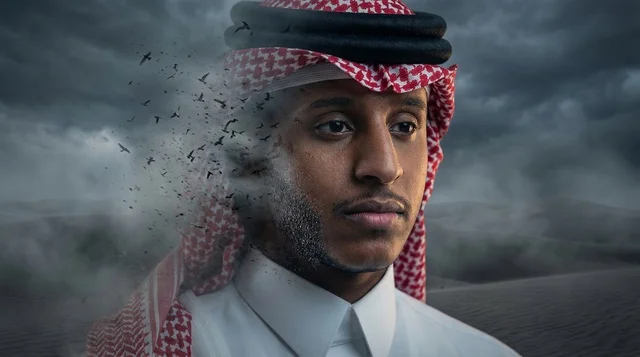 رجل سعودي مع تأثير تشتت رقمي سريالي