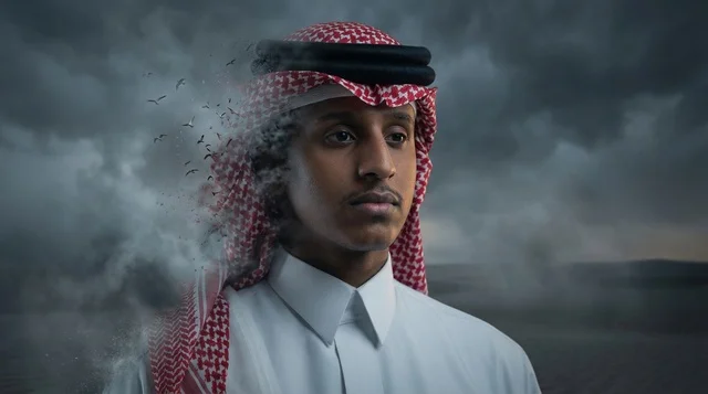 Saudi Man with Surreal Smoke Effect and Stormy Sky