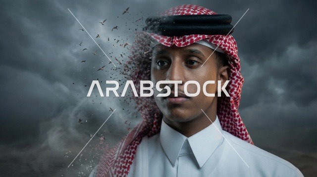 رجل سعودي في سماء عاصفة مع تأثير تلاشي رقمي