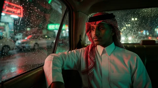 Saudi Man in Car Backseat During Rainy Night City Lights