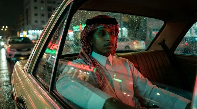 رجل سعودي في سيارة كلاسيكية تحت المطر ليلاً