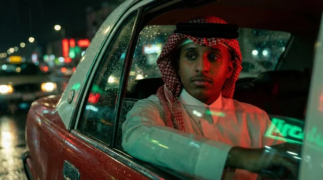 Saudi Man in Traditional Attire Inside Car at Night