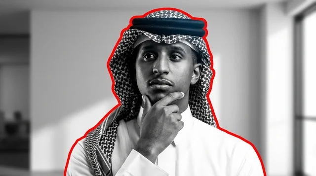 Saudi Man in Traditional Attire Thinking in Office