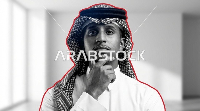 رجل سعودي بزي تقليدي في وضعية تفكير وتأمل بورتريه