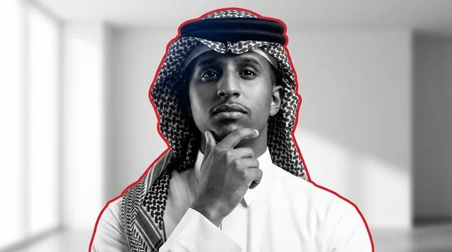 Saudi Arabian Man Thinking in Traditional Thobe Portrait