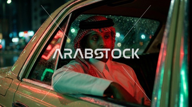 رجل سعودي في سيارة مع أضواء نيون ليلية
