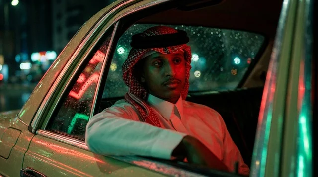 رجل سعودي في سيارة مع أضواء نيون ليلية