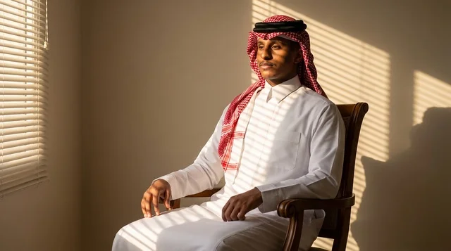 رجل سعودي بالزي التقليدي مع ظلال ستائر النوافذ