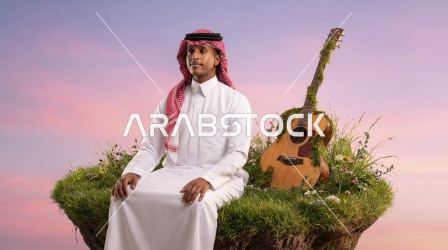 رجل سعودي مع غيتار على جزيرة عشب عائمة