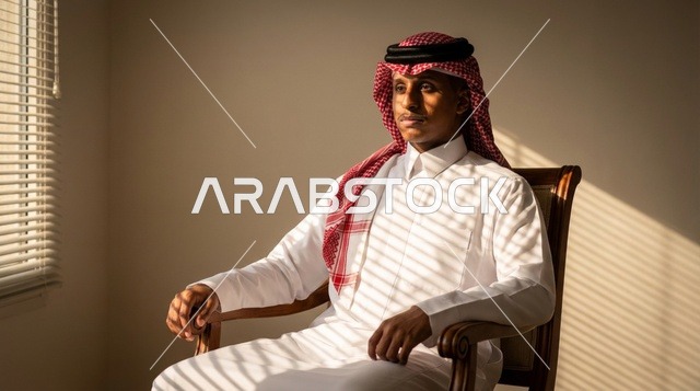 رجل سعودي بالزي التقليدي يجلس تحت ظلال الستائر