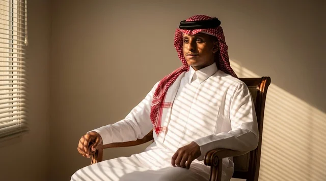 رجل سعودي بالزي التقليدي يجلس تحت ظلال الستائر