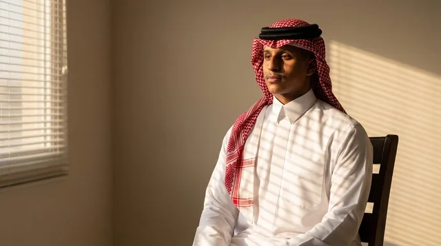 رجل سعودي بالثوب التقليدي مع ظلال ستائر النوافذ
