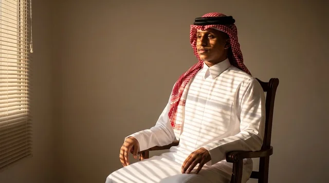 Saudi Man in Traditional Dress with Window Blind Shadows