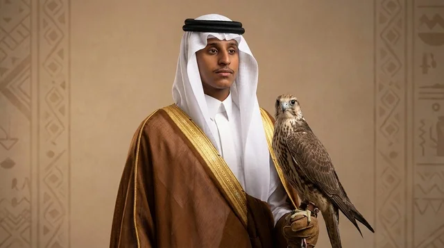 Saudi Man in Traditional Bisht Holding Hunting Falcon