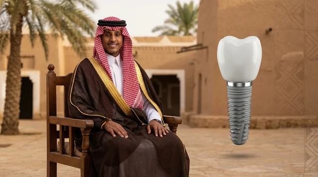 رجل سعودي مع نموذج غرسة أسنان في موقع تراثي