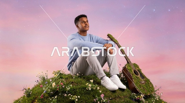 رجل عربي على تلة عشبية مع غيتار في الغروب