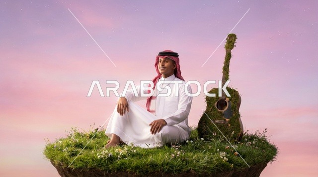 رجل سعودي على جزيرة عائمة مع جيتار