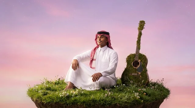 رجل سعودي على جزيرة عائمة مع جيتار