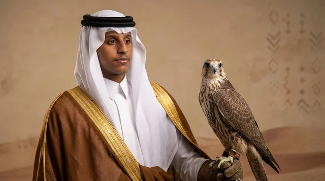Saudi Man Holding Falcon in Traditional Arabian Attire