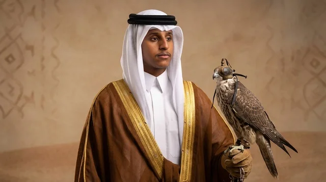 Saudi Man Wearing Traditional Bisht Holding Hooded Falcon