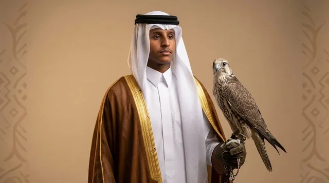 Saudi Man in Traditional Bisht Holding Falcon