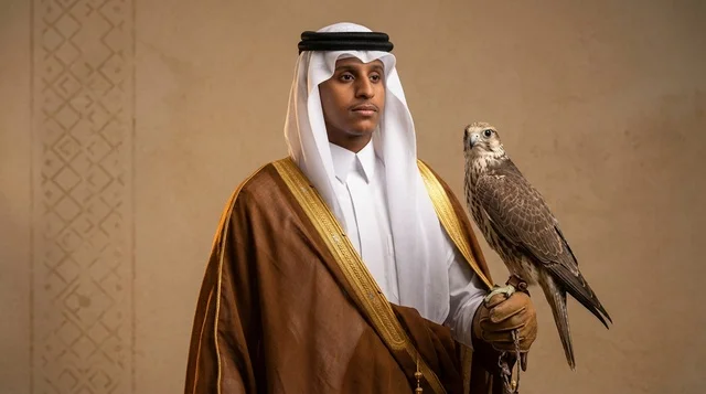 رجل سعودي بالبشت التقليدي يحمل صقراً في الاستوديو