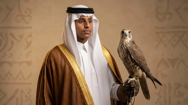 Saudi Man in Traditional Bisht Holding Falcon Portrait