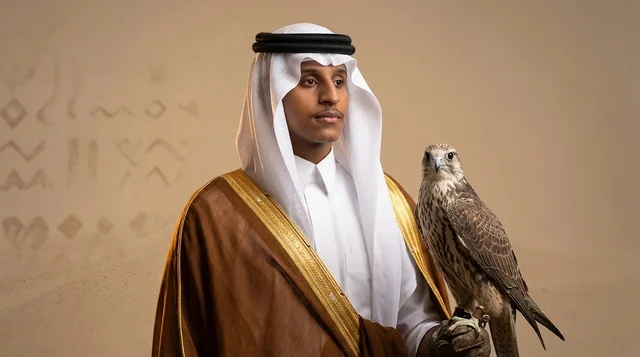 رجل سعودي يحمل صقراً بالزي التقليدي والبشت