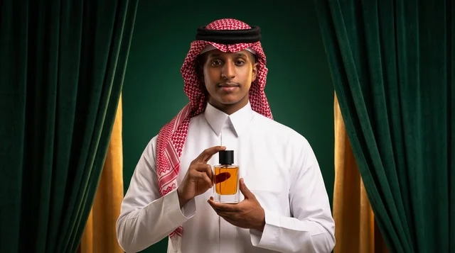 Saudi Man Holding Luxury Perfume Bottle in Studio Portrait Saudi Man Holding Luxury Perfume Bottle in Studio Portrait