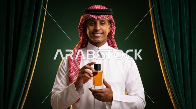 بورتريه رجل سعودي يحمل زجاجة عطر في استوديو احترافي