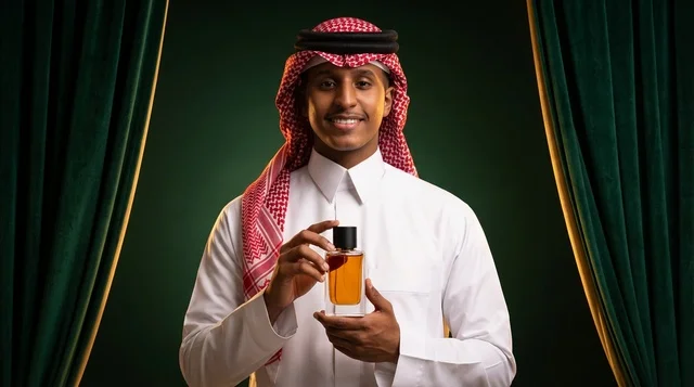 بورتريه رجل سعودي يحمل زجاجة عطر في استوديو احترافي