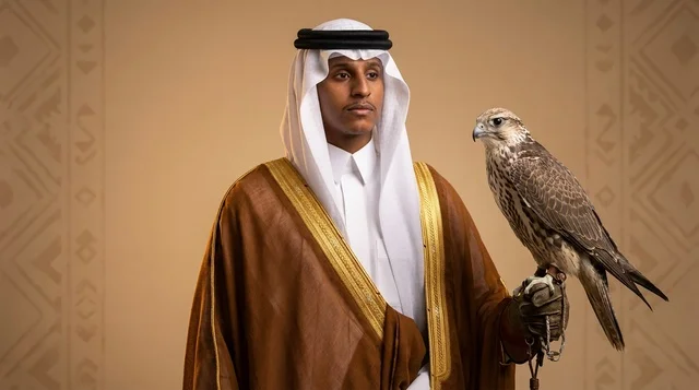 Saudi Man in Traditional Bisht Holding Falcon