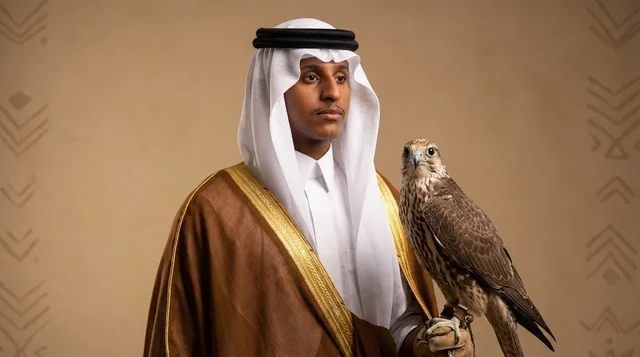 رجل سعودي بالبشت التقليدي يحمل صقر صيد