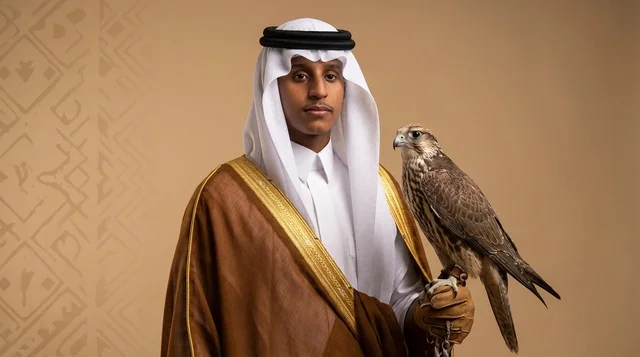 Saudi Man in Traditional Bisht Holding a Falcon