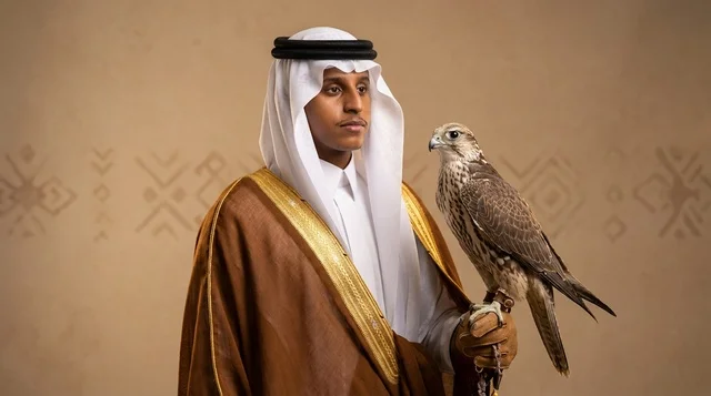 رجل سعودي يرتدي البشت التقليدي ويحمل صقراً