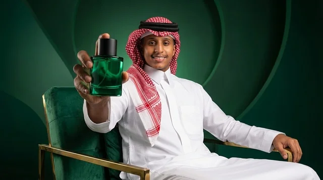 Saudi Man in Traditional Dress Holding Green Perfume Bottle
