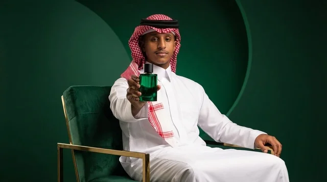 رجل سعودي يحمل زجاجة عطر في استوديو أخضر
